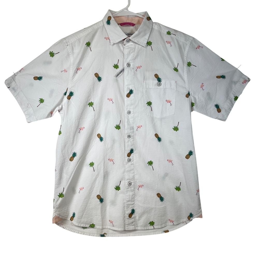 Tommy Bahama Nova Wave‎ Button Up Shirt Pineapple Flamingo White Stretch